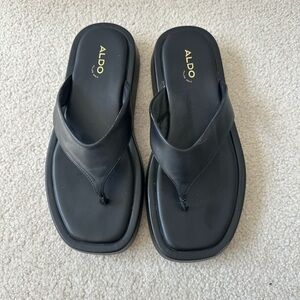 ALDO Black Leather Square-Toe Thong Sandals